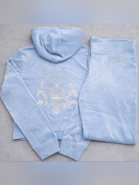 Juicy Couture Frosted Velour Crown Rhinestobe Logo Hoodie & Pants Set - L
